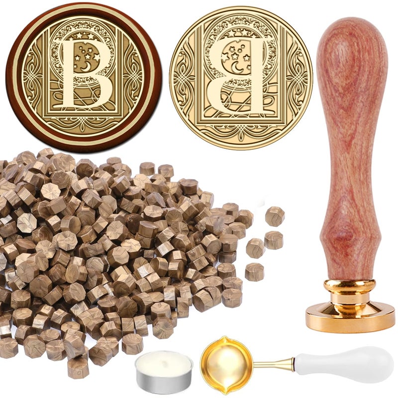 STAMPMASTER Alphabet B Wax Seal Kit Vintage Starry Initial B Sealing Stamp with 120 Antique Gold Wax Seal Beads for Wedding Christmas Envelopes - Image 1